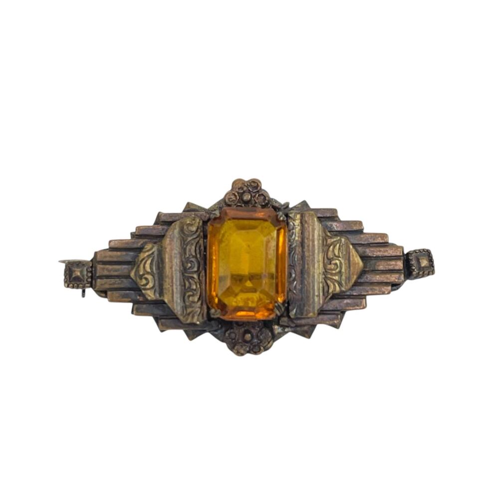 Czech Brass Filigree Pin Brooch Amber Faceted Glass Stone 1930s Vintage 2 inches